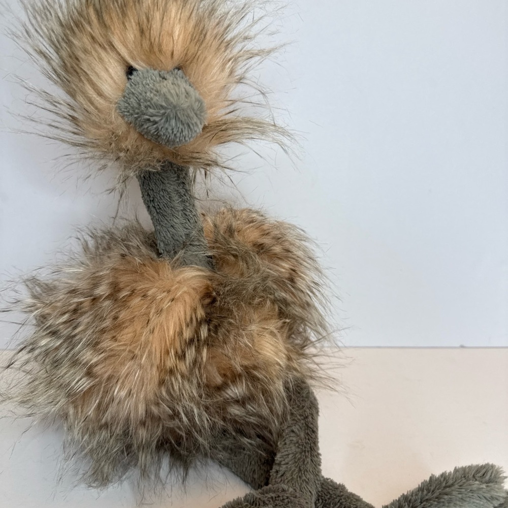 Jellycat Odette ostrich Plush Bird in Taupe and Tan Faux Fur